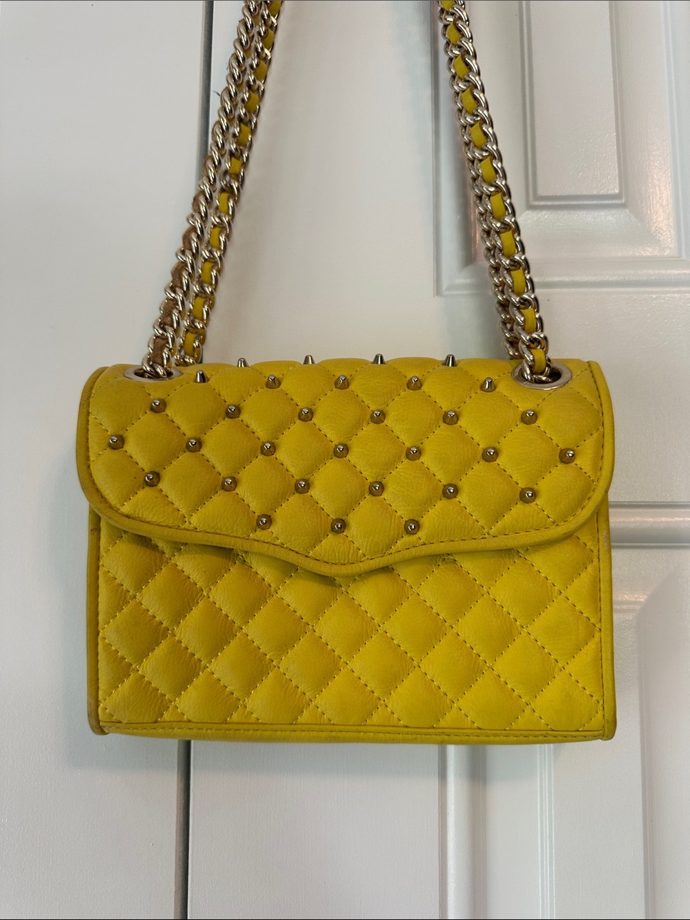 Rebecca Minkoff Yellow Quilted Studded Chain Shoulder Bag with Gold Hardware